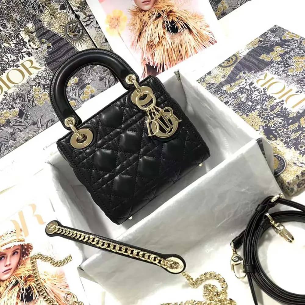 TÚI Dior Women Mini Lady Dior màu đen Cannage Lambskin da cừu