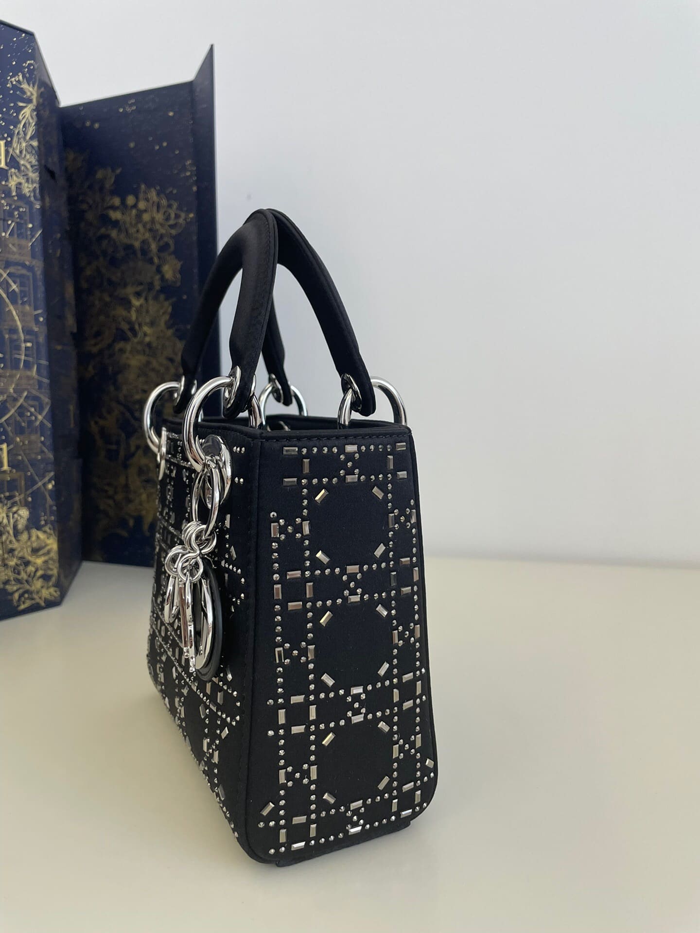 TÚI CHRISTIAN DIOR Mini Lady Dior Bag in Black Cannage Satin with Rhinestones