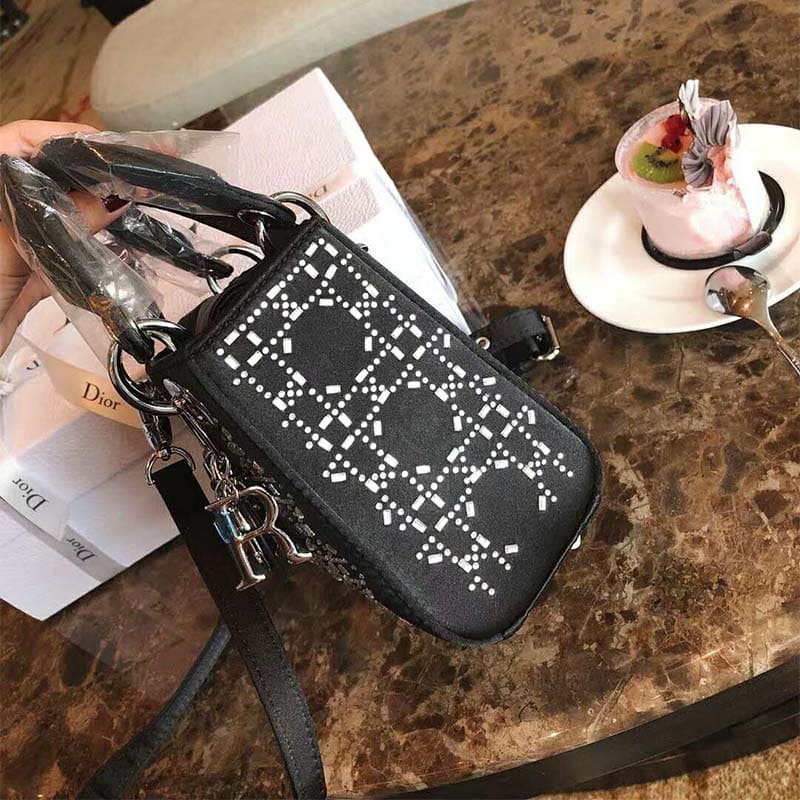 TÚI Dior Mini Lady Dior Bag in Black Cannage Satin with Rhinestones