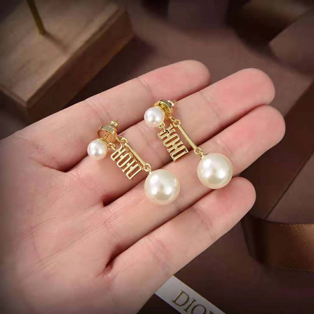 Bông tai Dior Women Earrings Gold-Finish Metal and White Resin Pearls