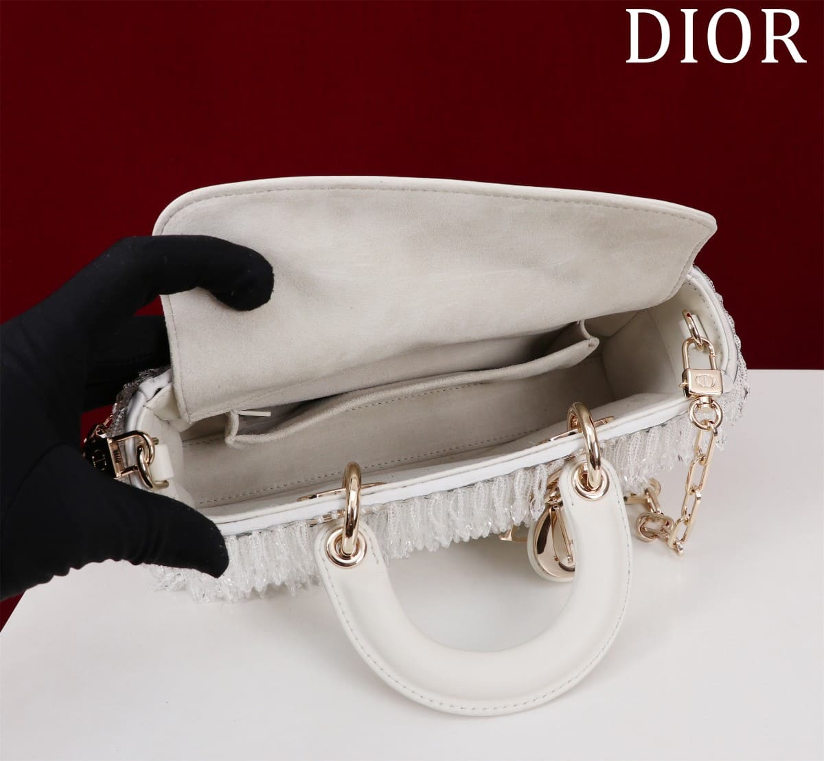 TÚI CHRISTIAN DIOR Lady-Joy embroiders tattered hạt cườm trắng