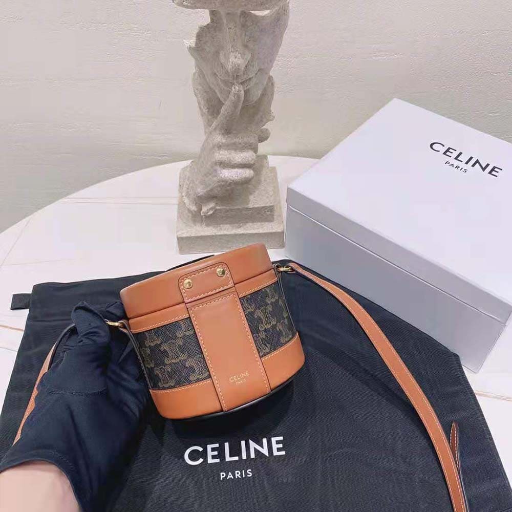 TÚI Celine Women Small Tambour Bag in Triomphe Canvas and Calfskin-Brown