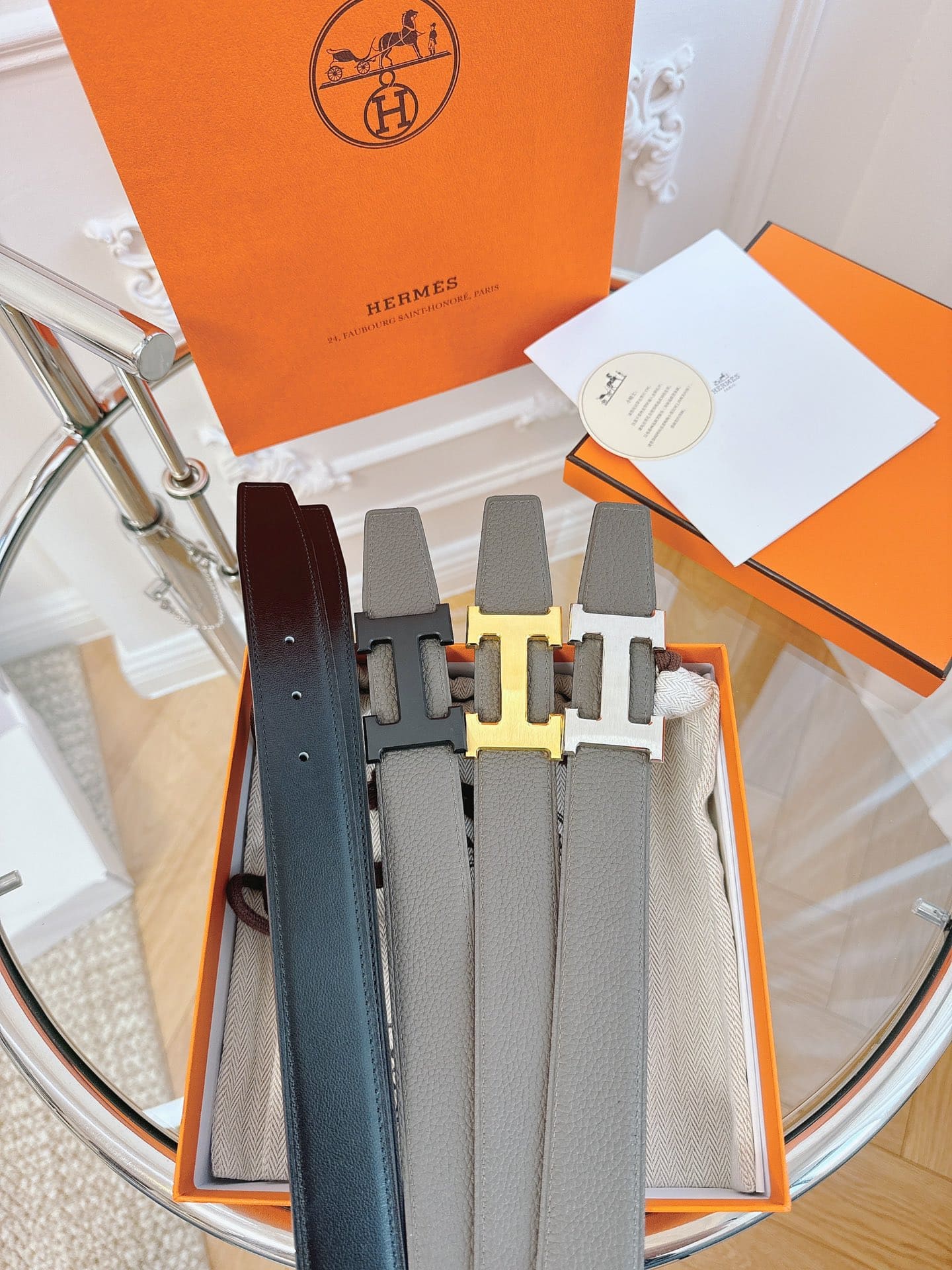 DÂY LƯNG HERMES H GRAY Togo leather hai mặt khóa bạc
