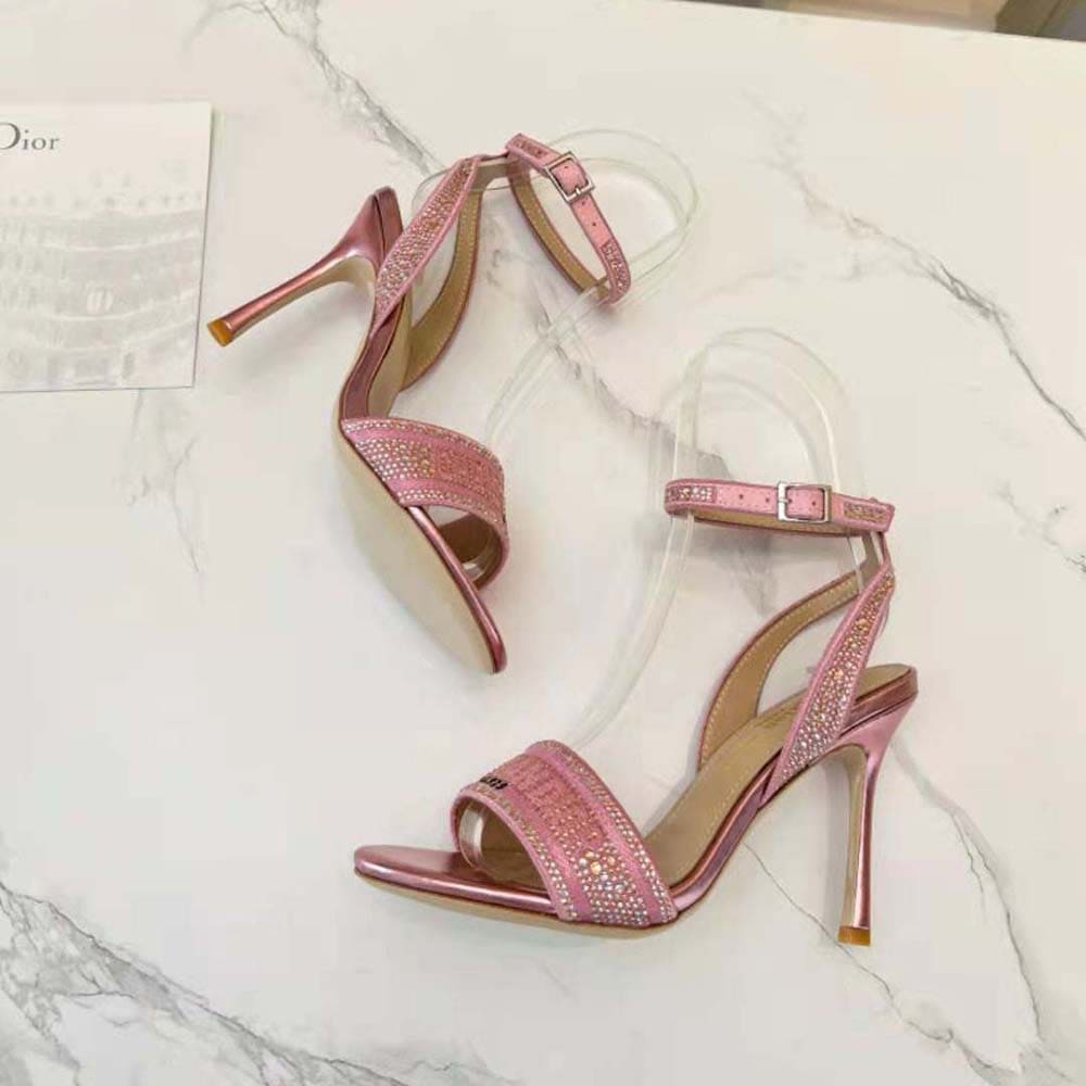 GIÀY Dior Women Dway Heeled Slide Pink Cotton Embroidered with Metallic Thread and Strass