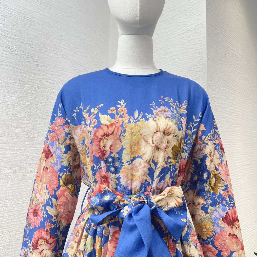 VÁY ZIMMERMANN Blue Floral Print Long Sleeve Loose Mini Dress High Classy