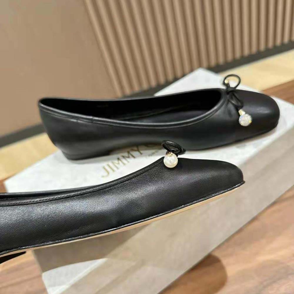 GIÀY Jimmy Choo Women Elme Flat Black Nappa Leather Flats with Pearl Embellishment