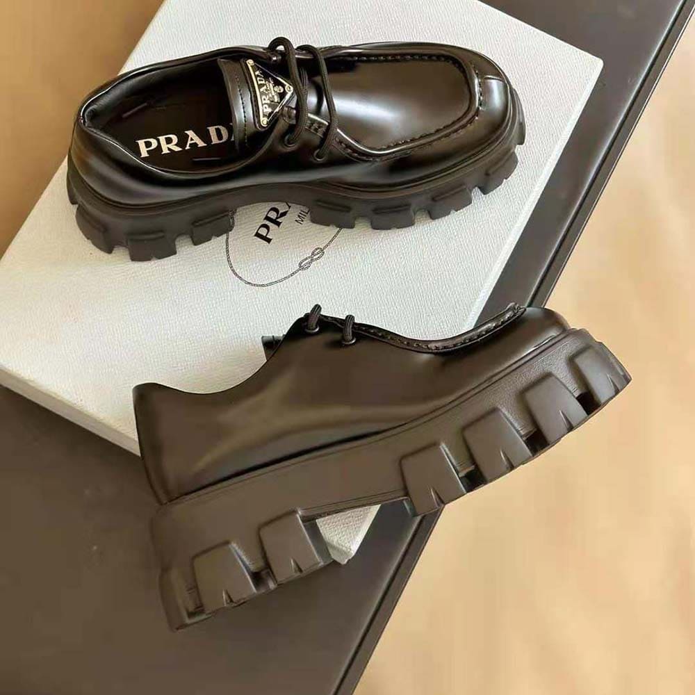 GIÀY Prada Women Monolith Brushed Leather Lace-up Shoes-Black