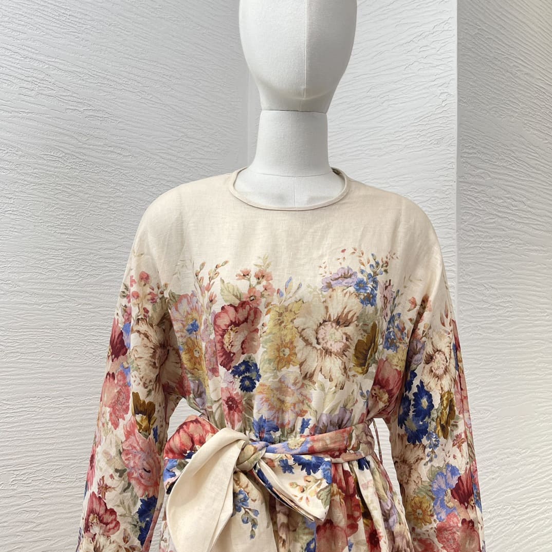 VÁY ZIMMERMANN Beige Floral Print Long Sleeve Belt Midi DressHigh Classy