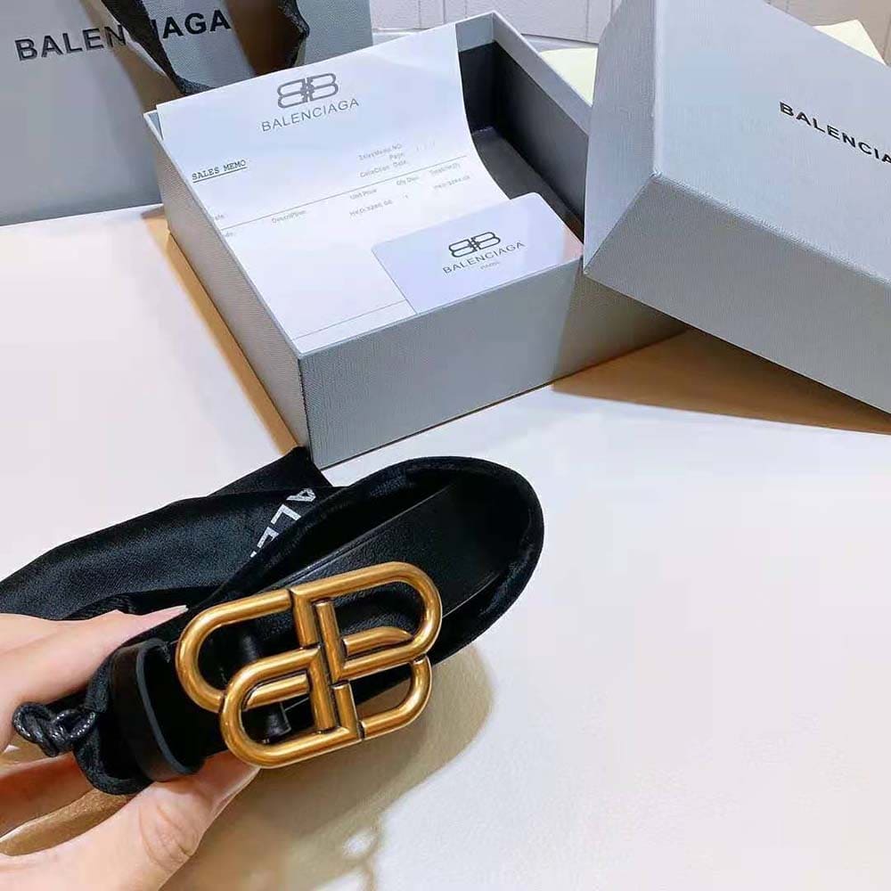 DÂY LƯNG Balenciaga Women New BB Belt in Black Calfskin and Aged Gold Buckle