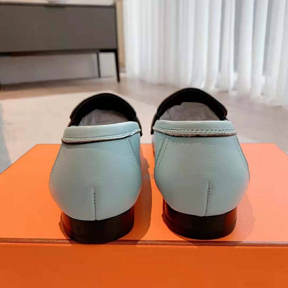 GIÀY Hermes Women Paris Loafer in Calfskin with Palladium Plated Signature “H” Detail-Blue