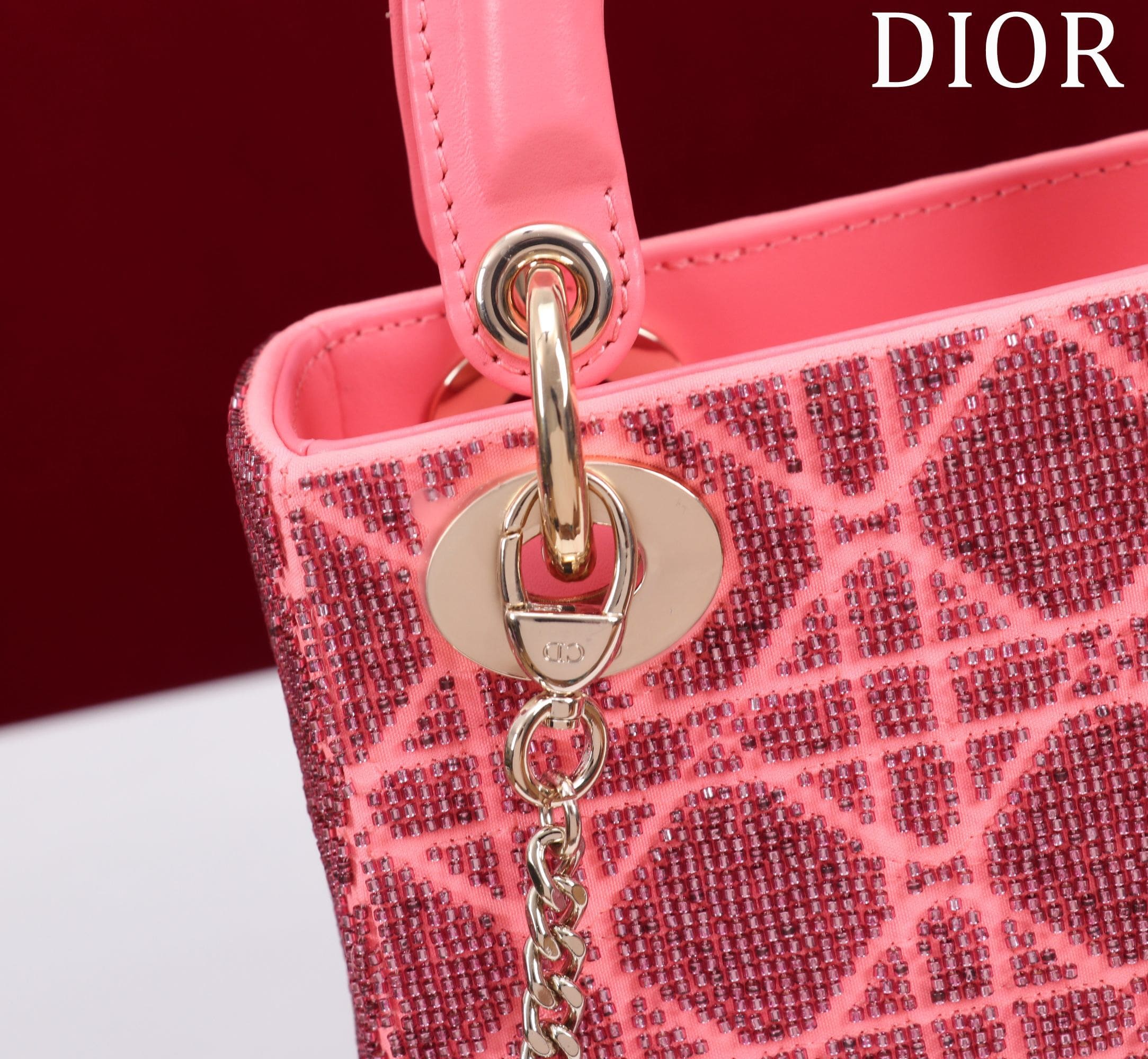 TÚI CHRISTIAN DIOR LADY DIOR Cannage Calfskin with Platinum Beaded Embroidery Pink