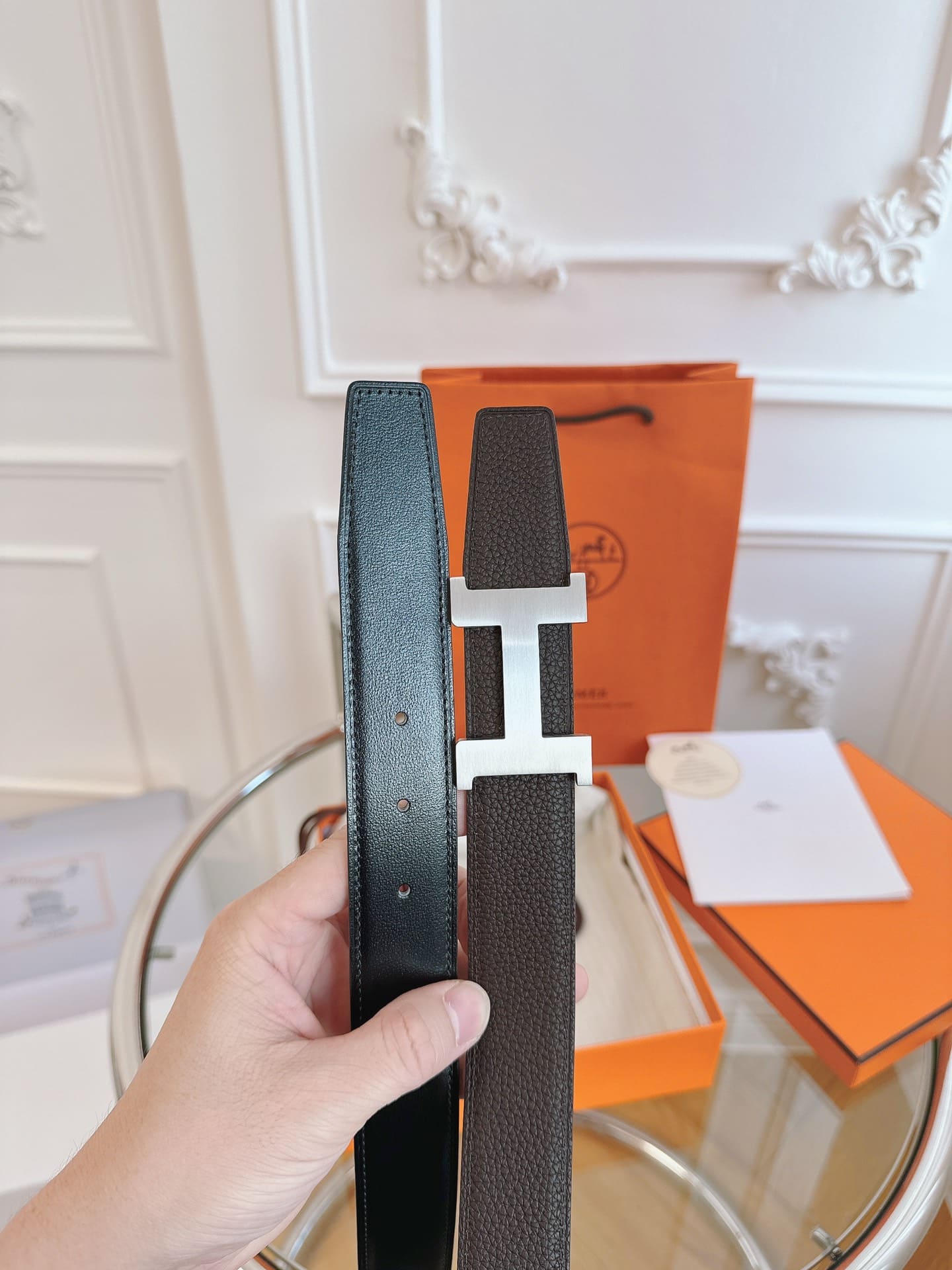 DÂY LƯNG HERMES H MAROON Togo leather hai mặt khóa bạc