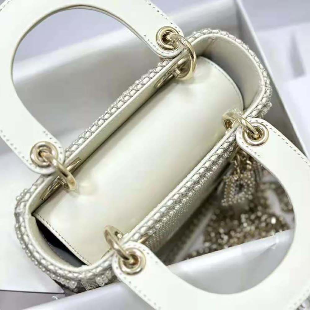 TÚI Dior Women Mini Lady Dior Bag Latte Calfskin Embroidered Entirely with White Resin Pearls