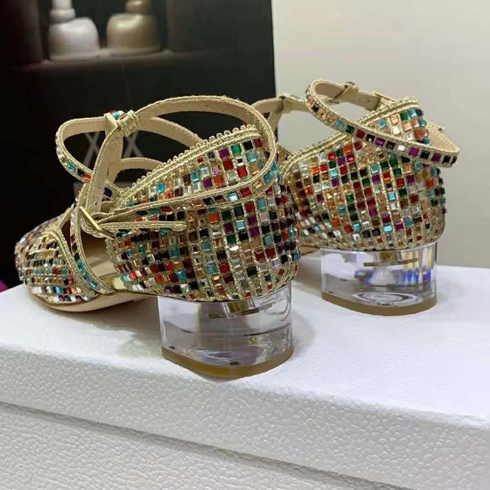 GIÀY Dior Women Arty Ballerina Flat Gold-Tone Cotton Embroidered with Metallic Thread and Multicolor Square Strass