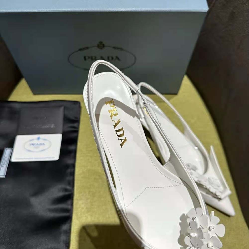 GIÀY Prada Women Brushed Leather Slingback Pumps with Floral Appliques-White