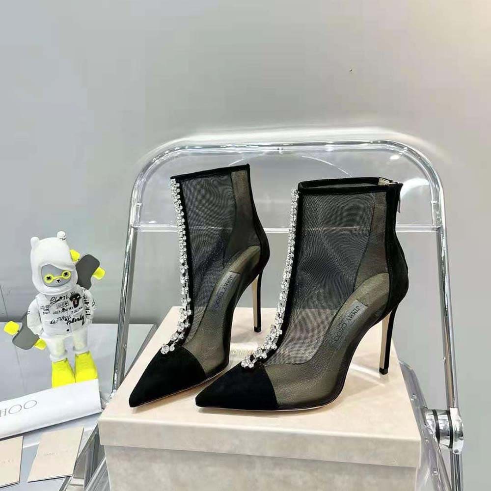 GIÀY Jimmy Choo Women Bing Boot 100 Black Suede and Mesh Ankle Boots with Crystal Embellishment