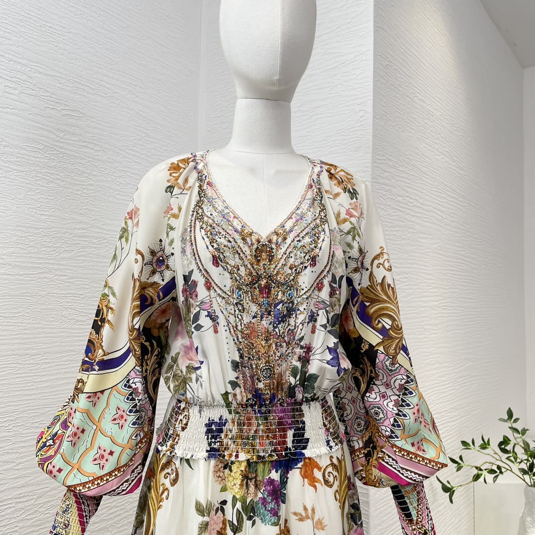 VÁY CAMILLA WorldCloset Floral Print White Long Sleeve Diamonds Midi Dress High Classy