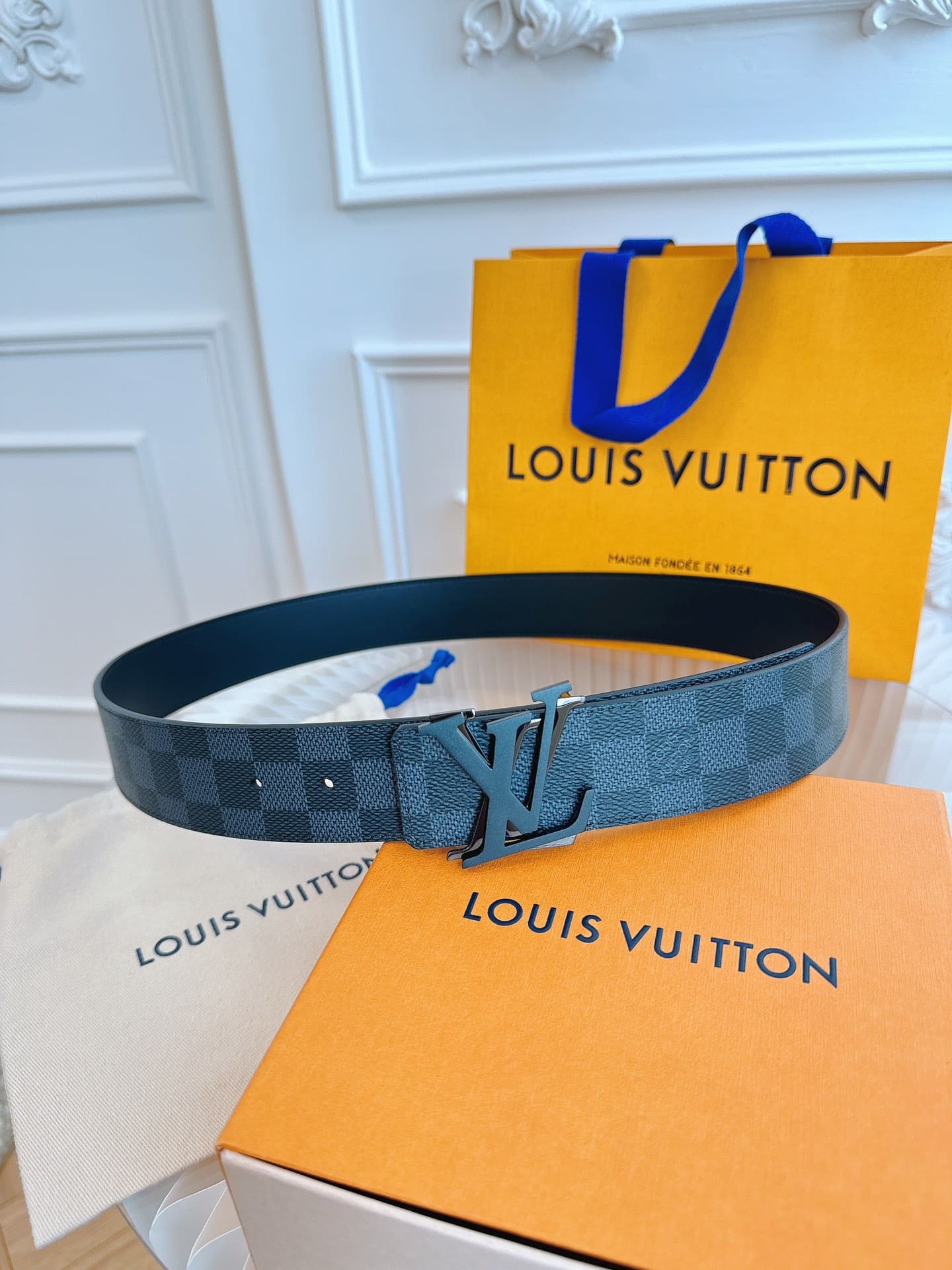 DÂY LƯNG LOUIS VUITTON DOUBLE LV SQUARE BLACK MONOGRAM LEATHER Khóa bạc đen