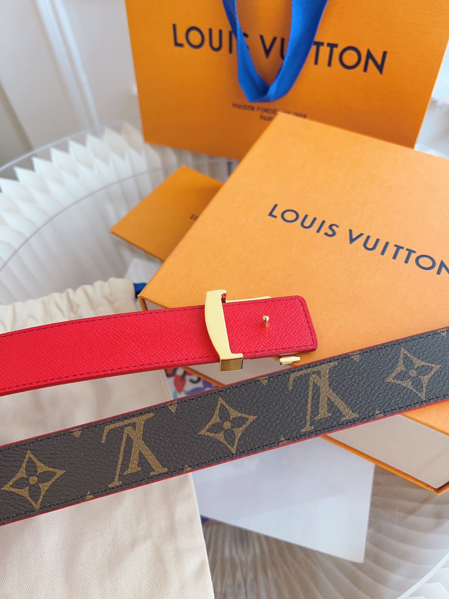 DÂY LƯNG LOUIS VUITTON RED BROWN MONOGRAM LEATHER Khóa vàng