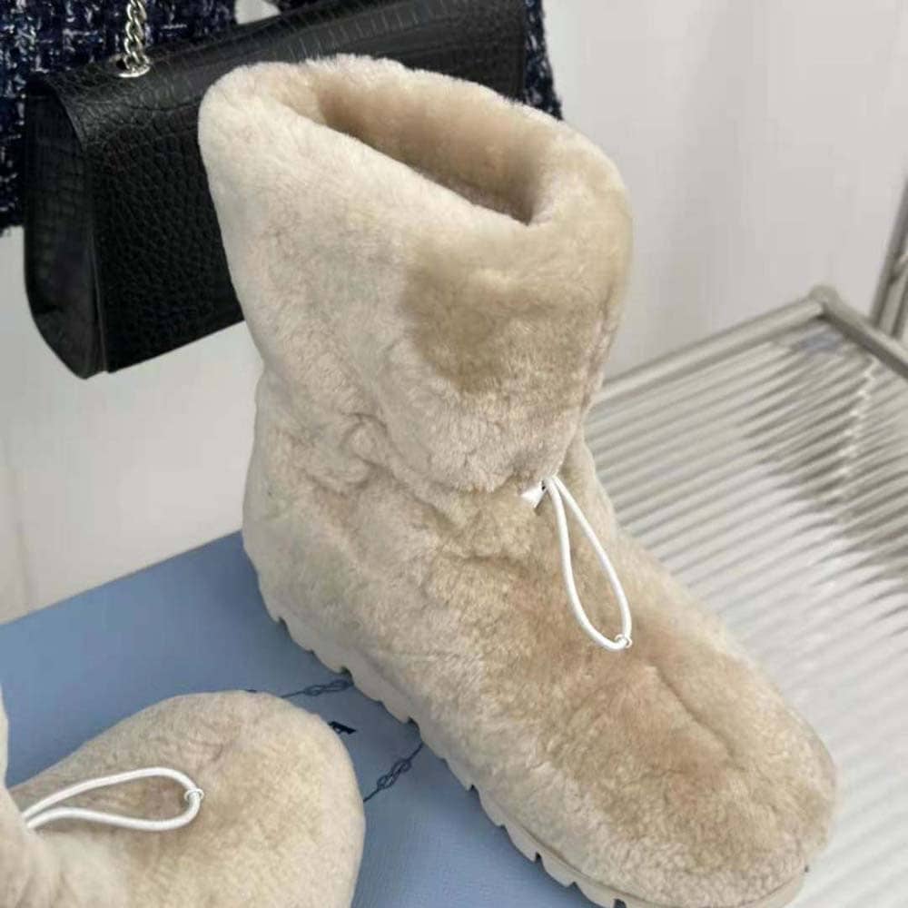 GIÀY Prada Women Shearling Booties with Enameled Metal Triangle Logo-Beige