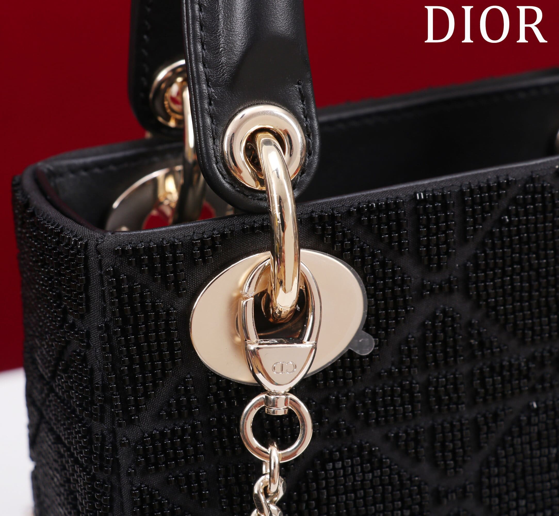TÚI CHRISTIAN DIOR LADY DIOR Cannage Calfskin with Platinum Beaded Embroidery Black
