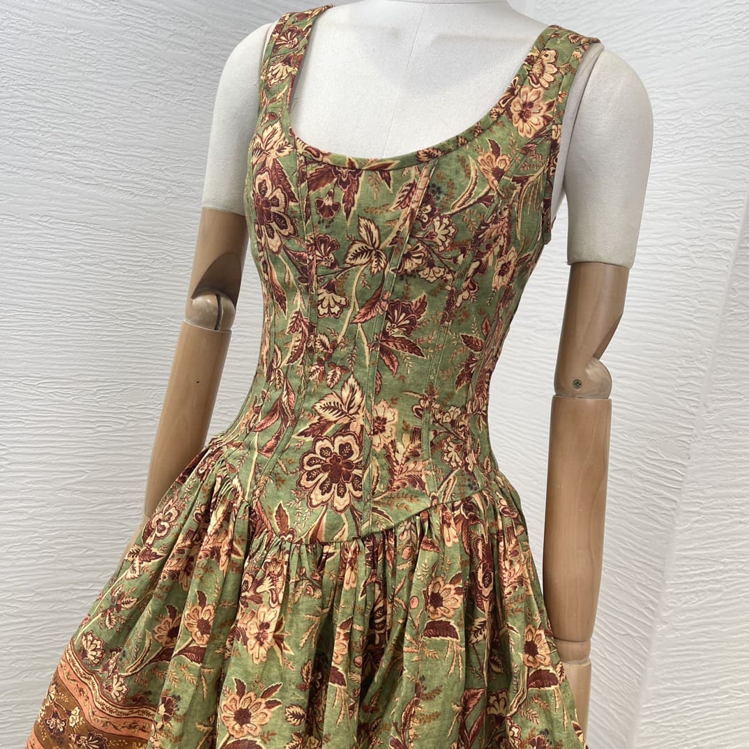 VÁY ZIMMERMANN Green Square Collar Sleeveless Floral Print Mini Dress High Classy