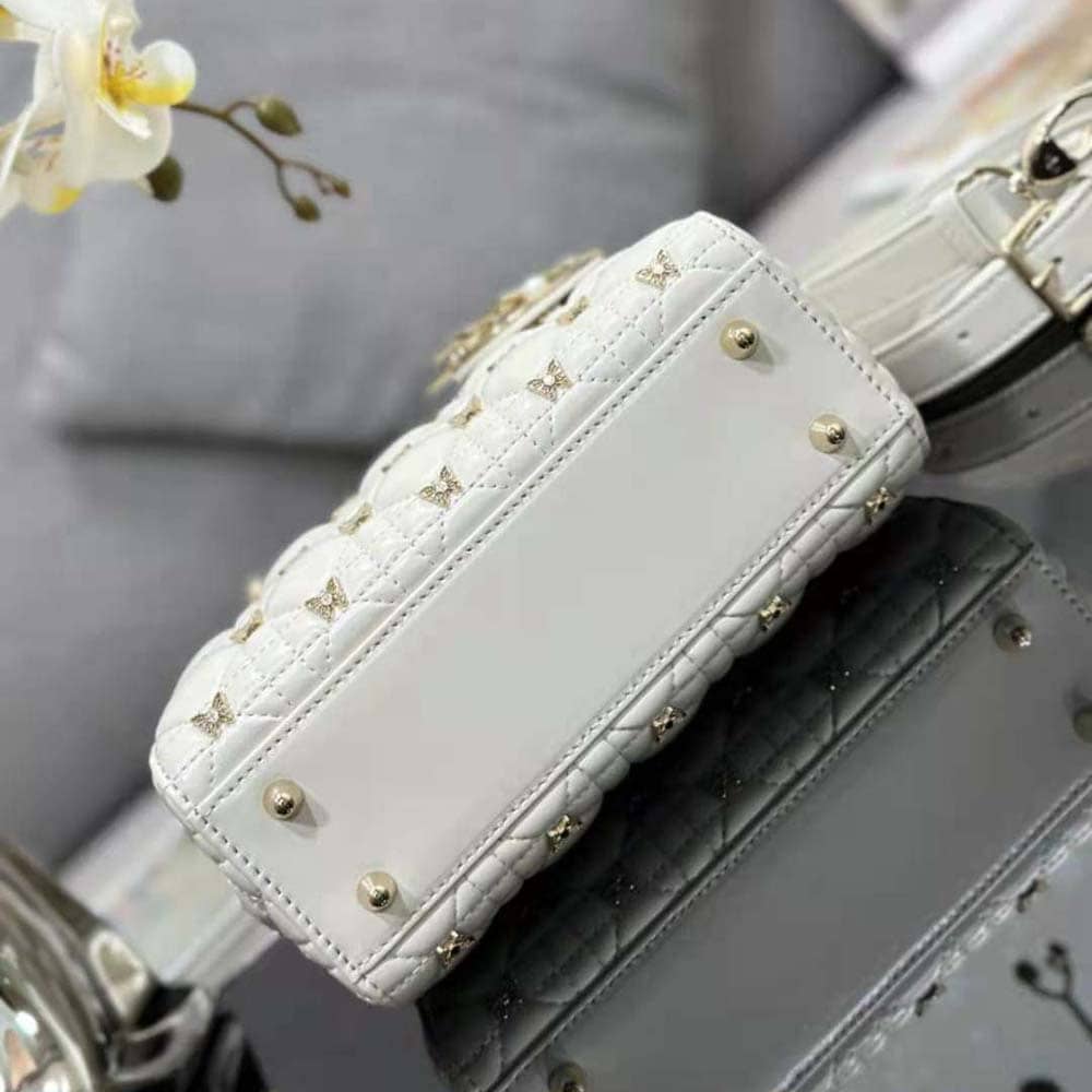 TÚI Dior Women Small Lady Dior Bag White Cannage Lambskin with Gold-Finish Butterfly Studs