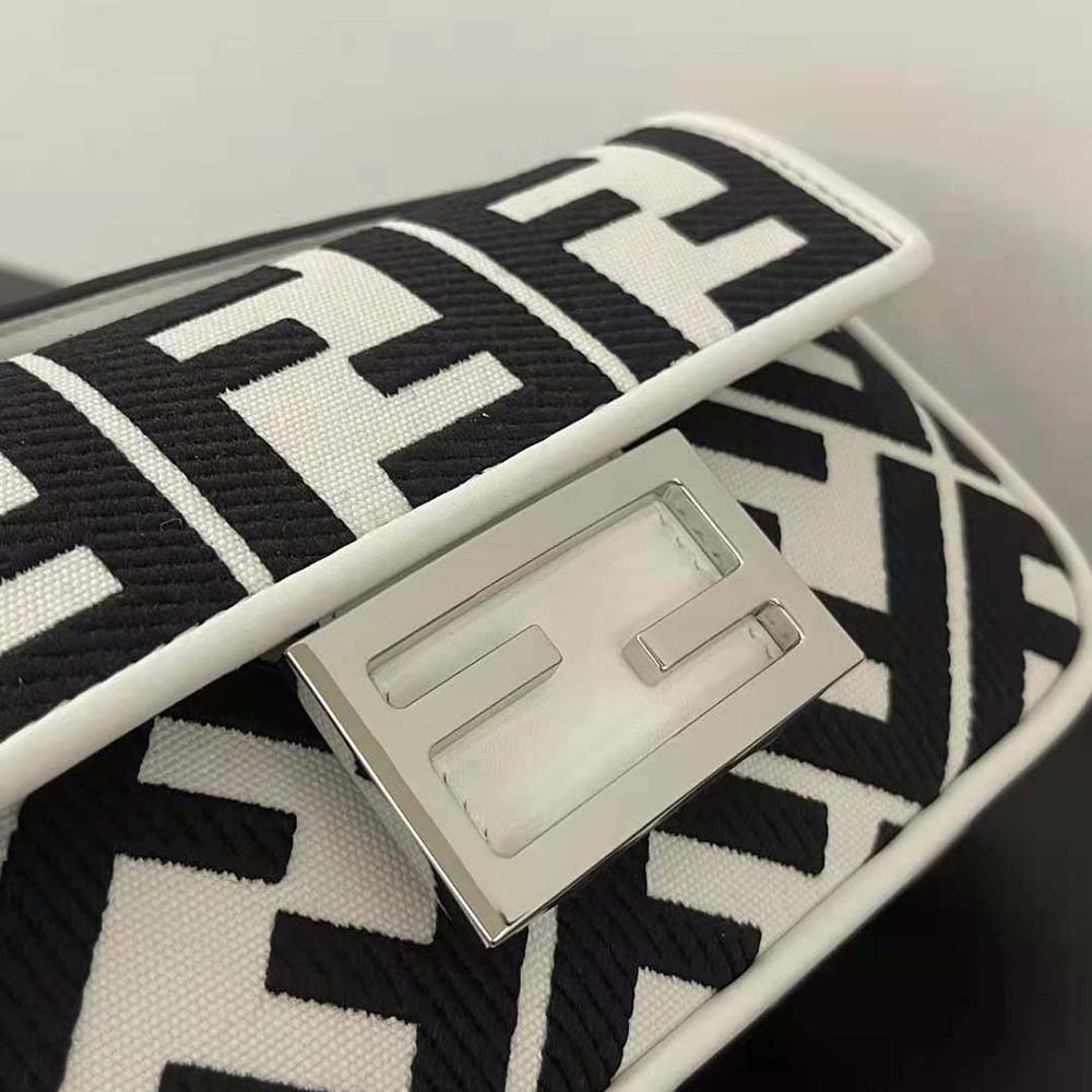TÚI Fendi Women Baguette Mini White and Black Canvas Bag with FF Embroidery