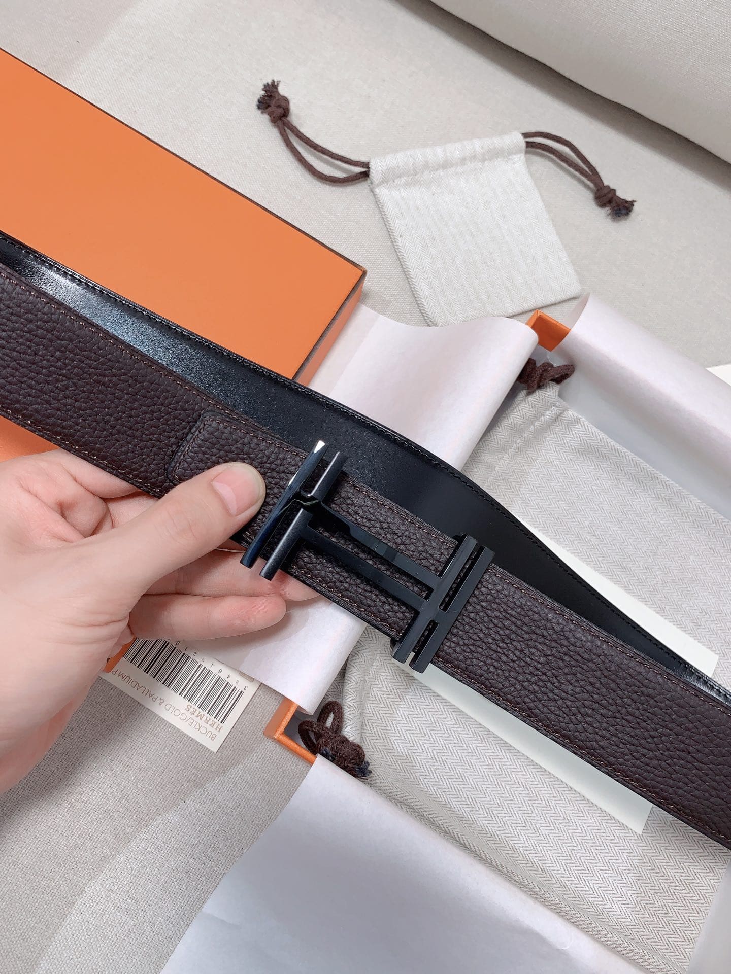DÂY LƯNG HERMES Double H Matte Black Togo leather hai mặt khóa đen