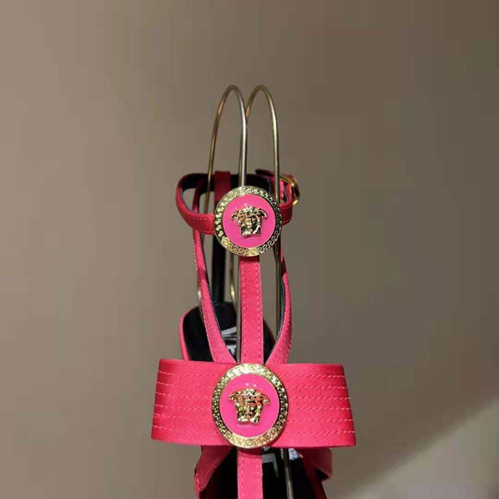 GIÀY Versace Women Gianni Ribbon Cage Satin Pumps-Rose