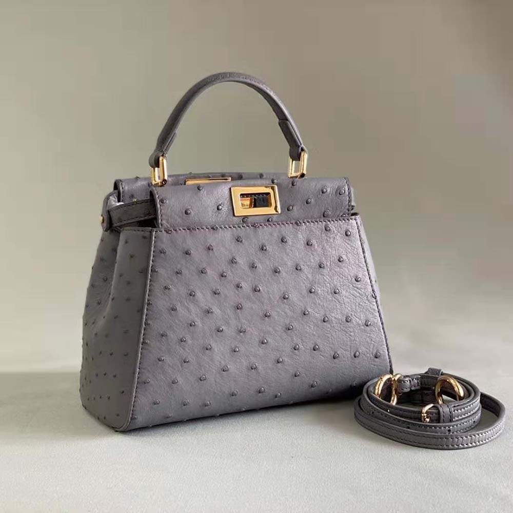 TÚI FENDI Women Peekaboo Iconic Mini Gray Ostrich Leather Bag DA ĐÀ ĐIỂU