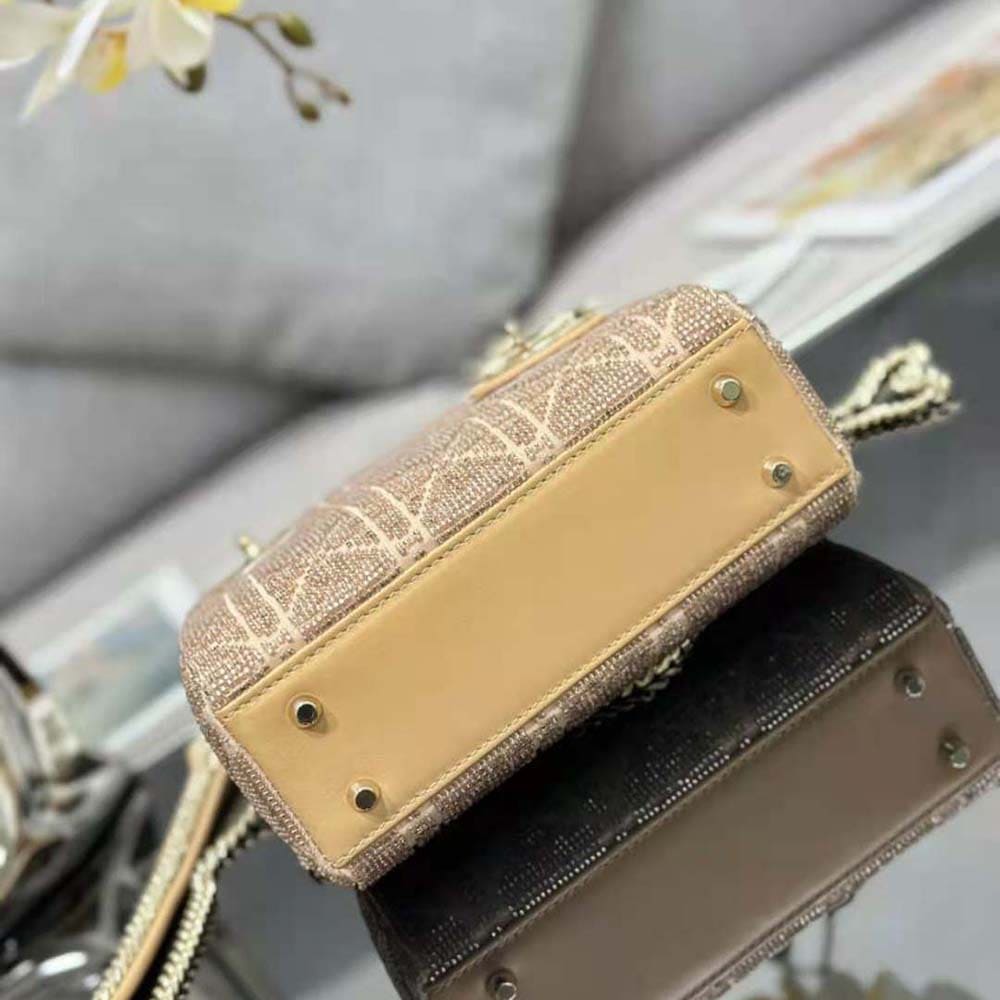 TÚI Dior Women Mini Lady D-joy Bag Caramel Beige Cannage Cotton Embroidered with Micropearls