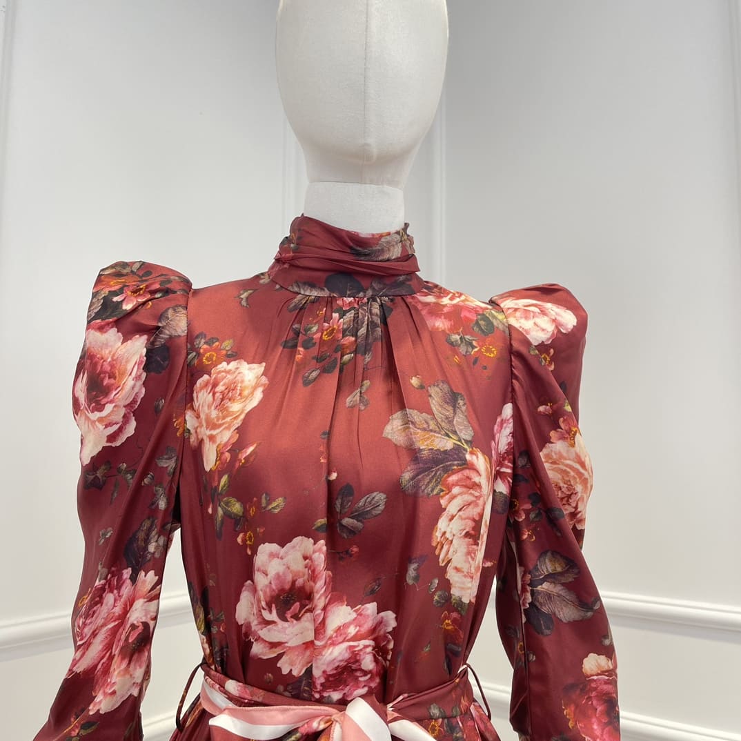 VÁY ZIMMERMANN Pink Rose Print Red Midi Dress with belt High Classy
