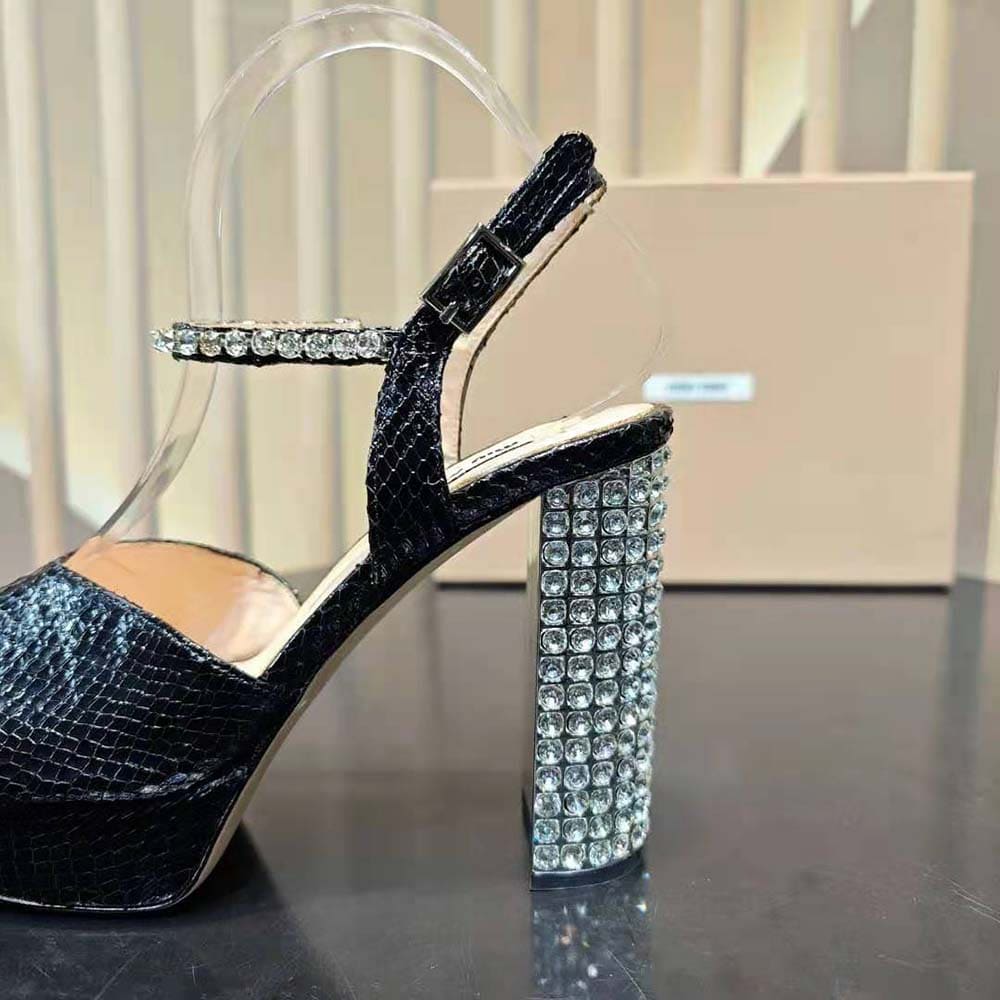 GIÀY Miu Miu Women Lizard-print Leather Platform Sandals-Black