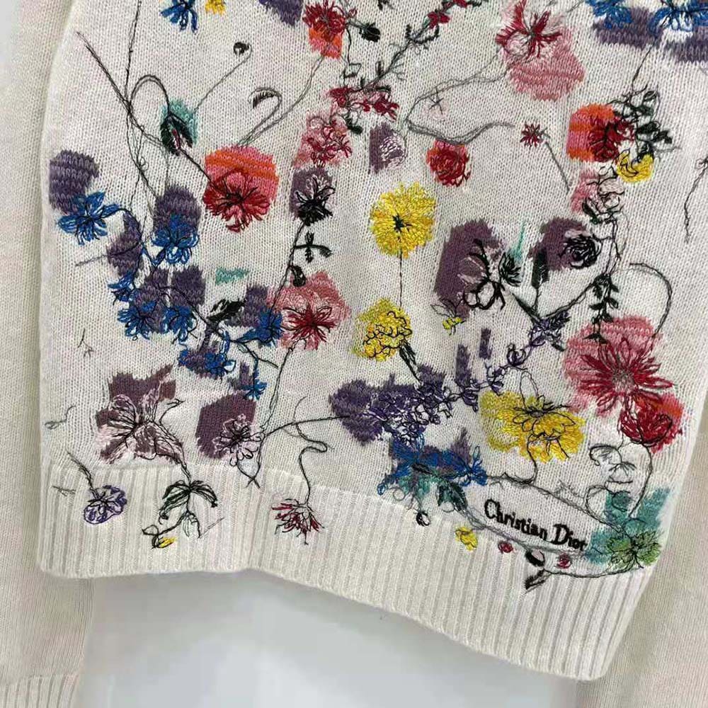 ÁO Dior Women Embroidered Sweater White Cashmere Knit with Red Multicolor Florilegio Motif