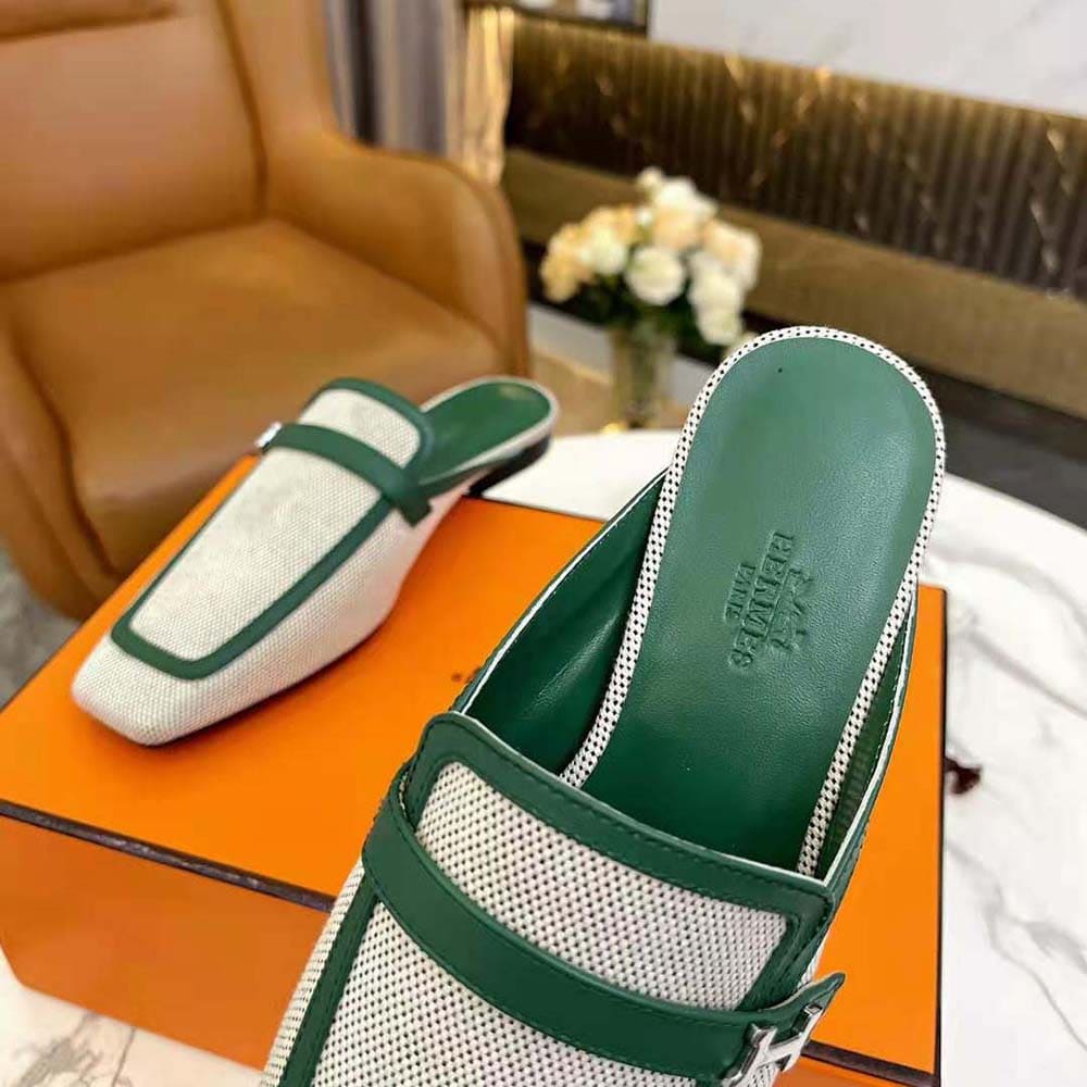 GIÀY Hermes Women in H Canvas and Calfskin-Green