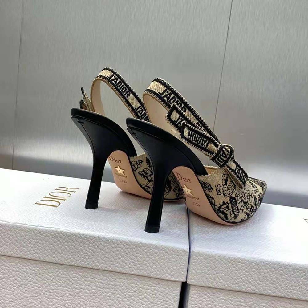 GIÀY Dior Women J’Adior Slingback Pump Black and Beige Cotton Embroidered with Plan de Paris Motif