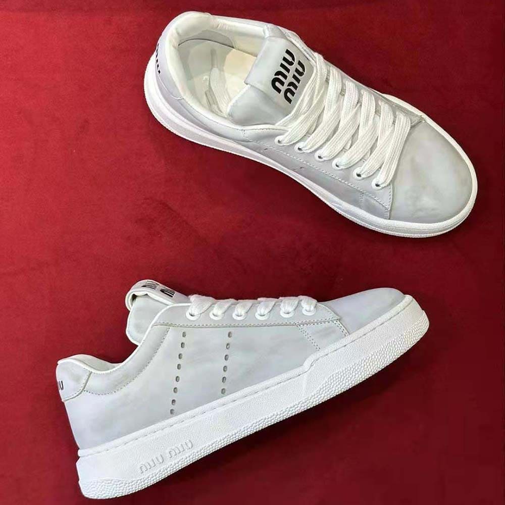 GIÀY Miu Miu Women Bleached Leather Sneakers-White