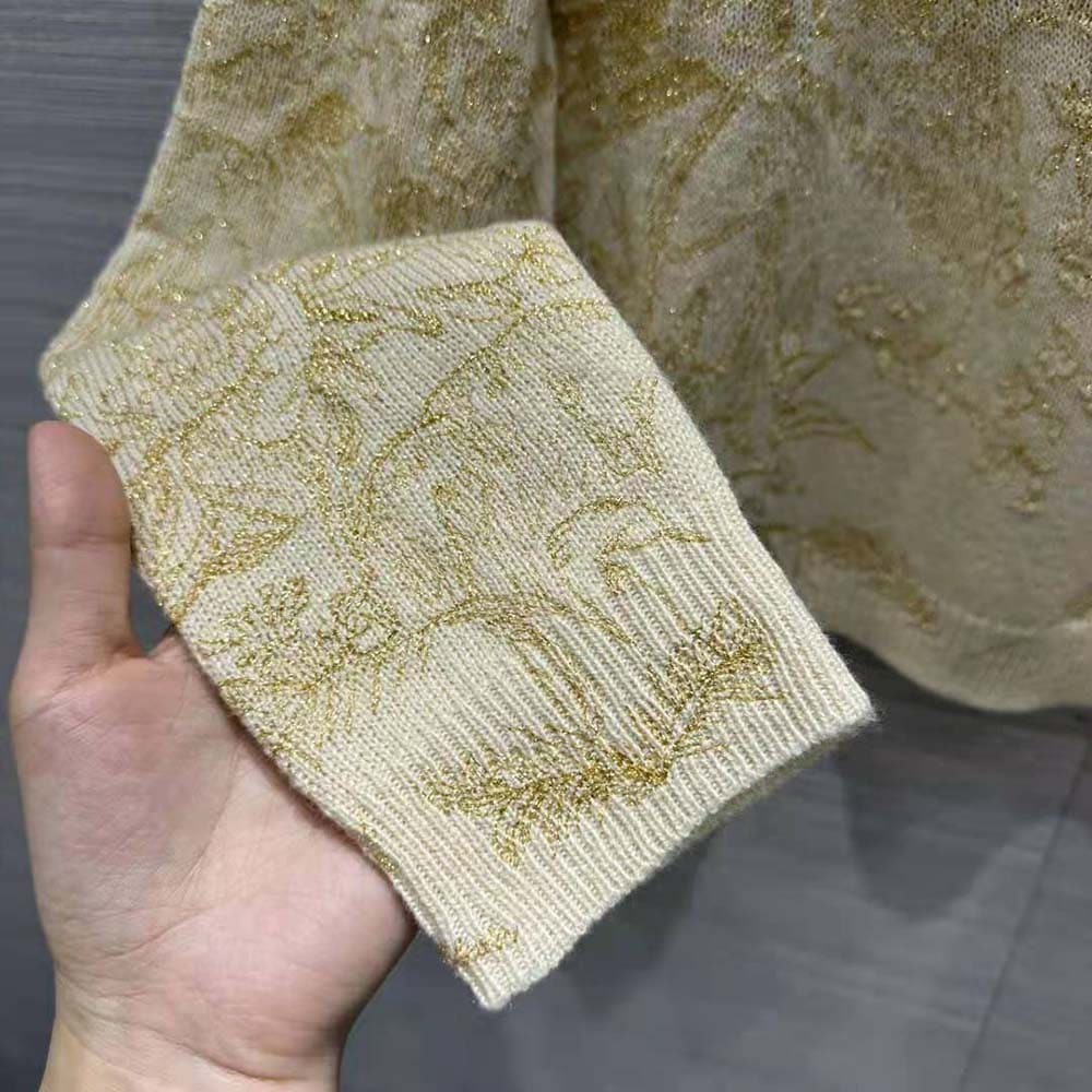 ÁO Dior Women Sweater Gold-Tone Technical Cashmere Knit Embroidered with Metallic Thread in a Dior Jardin D’Hiver Motif