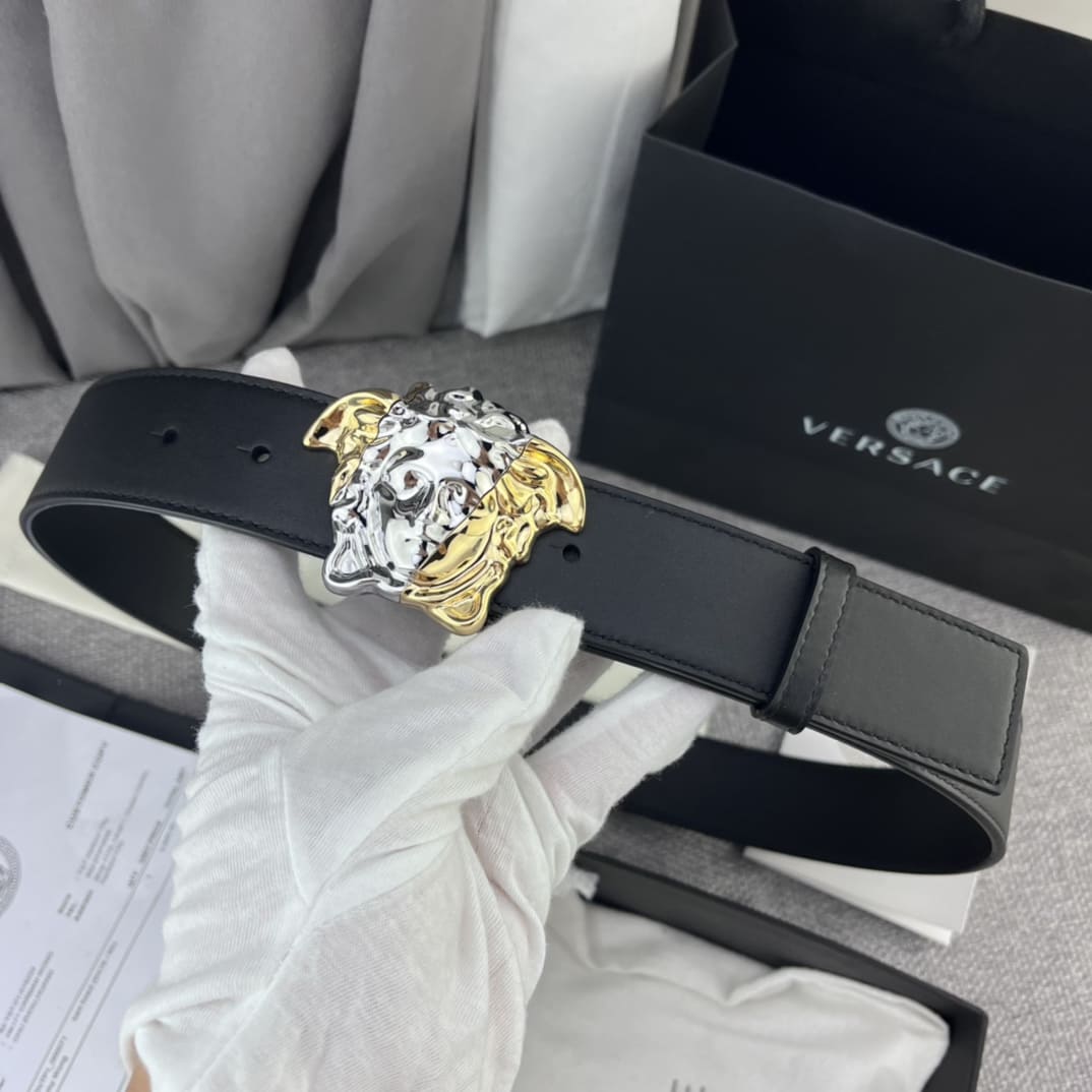 DÂY LƯNG VERSACE MEDUSA HEAD CALFSKIN LEATHER Khóa vàng trắng