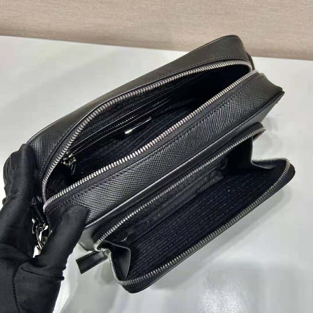 TÚI Prada Men Saffiano Leather Shoulder Bag With Iconic Prada Material-Black