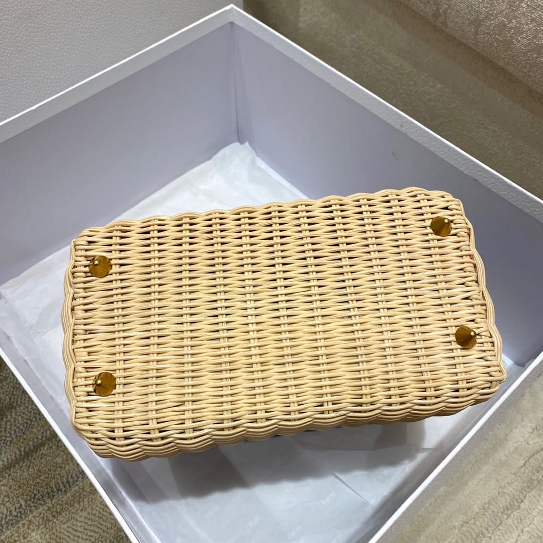 TÚI Dior Women Medium Lady Dior Bag Natural Wicker and Blue Dior Oblique Jacquard
