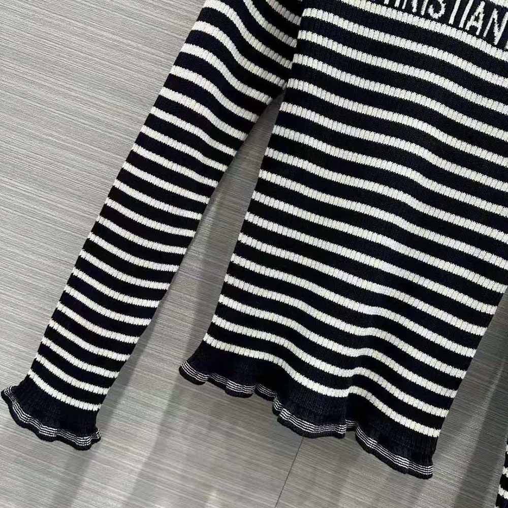 ÁO Dior Women Sweater Navy Blue and White Cotton Ribbed Knit with Signature