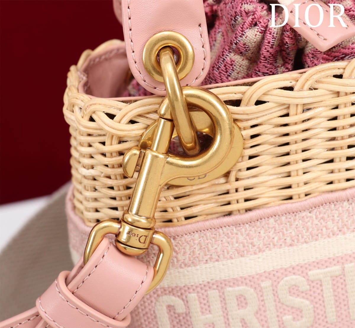 TÚI Dior Women Mini Lady Dior Bag Natural Wicker and Pink Dior Oblique Jacquard dệt tay bằng liễu gai