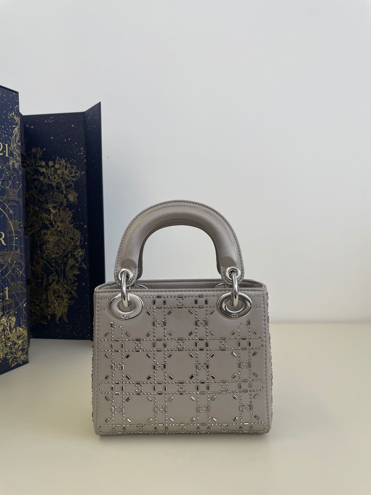 TÚI CHRISTIAN DIOR Mini Lady Dior Bag in Grey Cannage Satin with Rhinestones