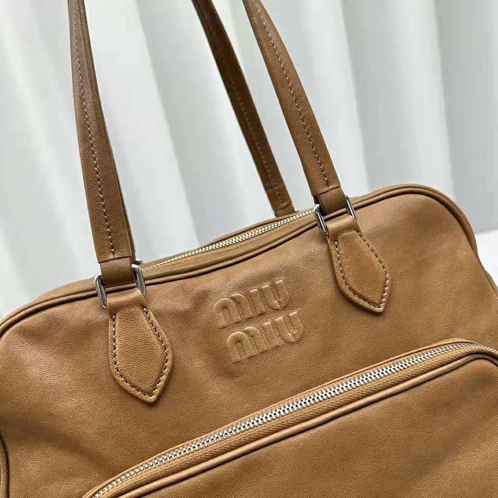 Túi Miu Miu Women Nappa Leather Top-handle Bag with Embossed Lettering Logo-Brown