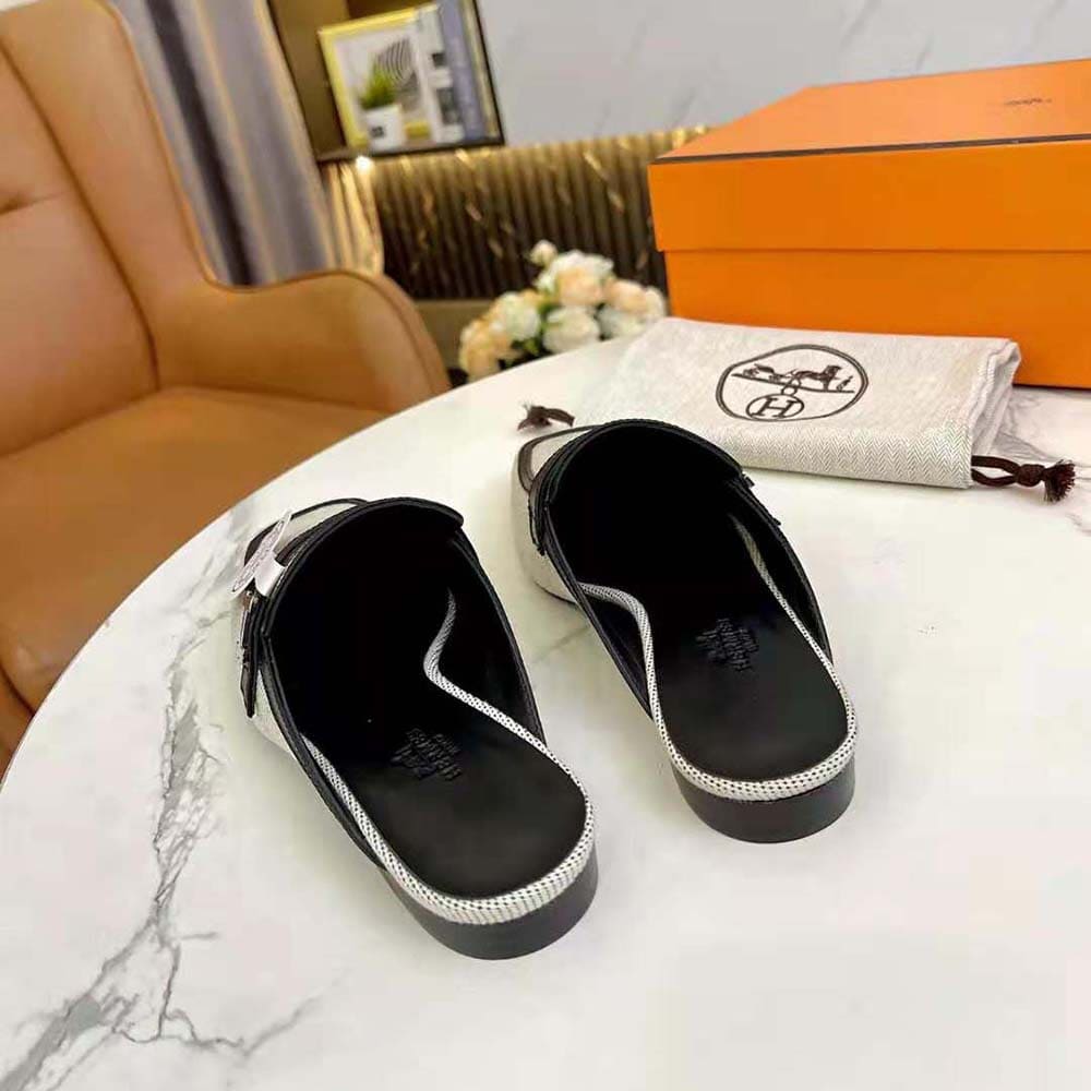 GIÀY Hermes Women in H Canvas and Calfskin-Black
