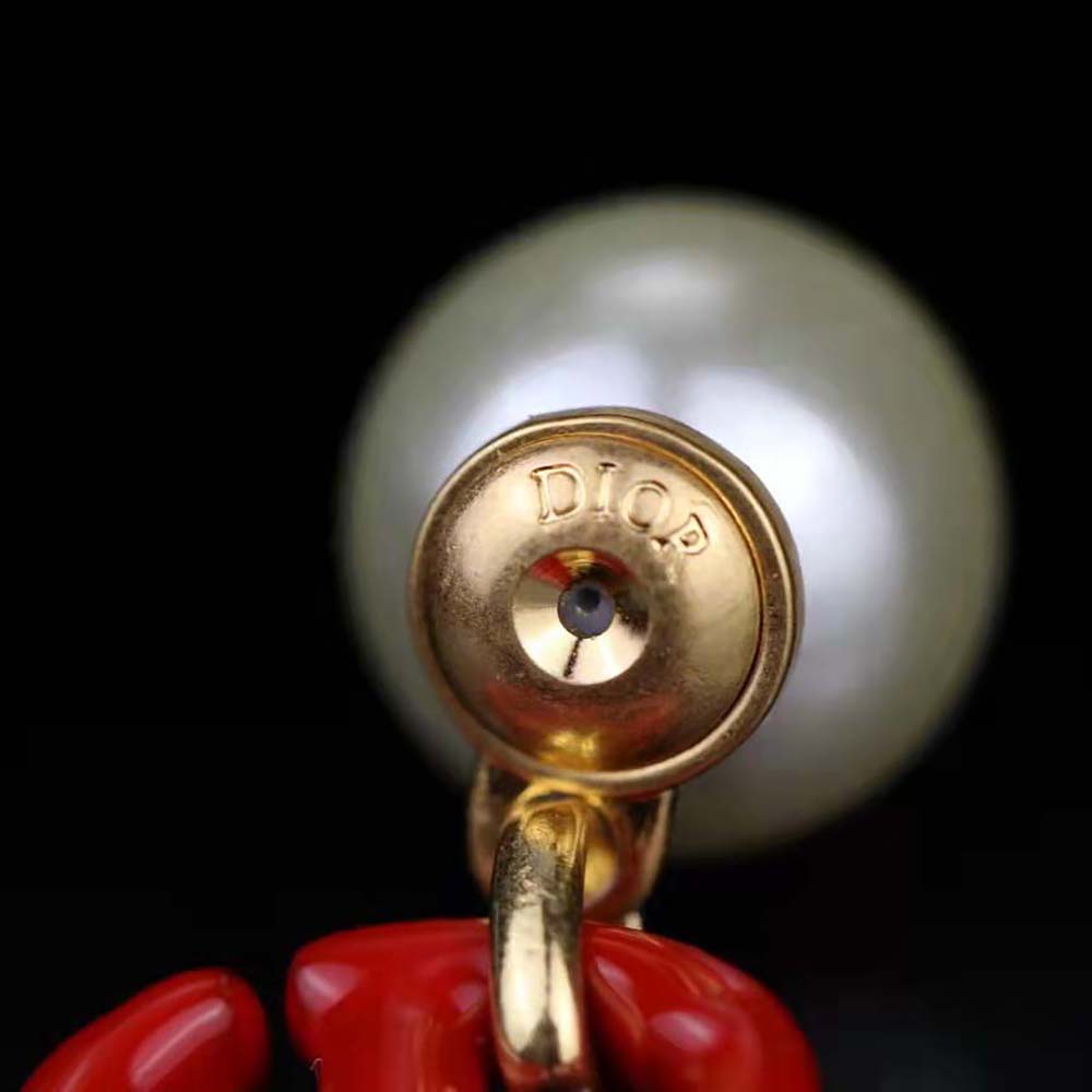 Bông tai Dior Women Tribales Earrings Gold-Finish Metal and White Resin Pearls with Raspberry Lacquer