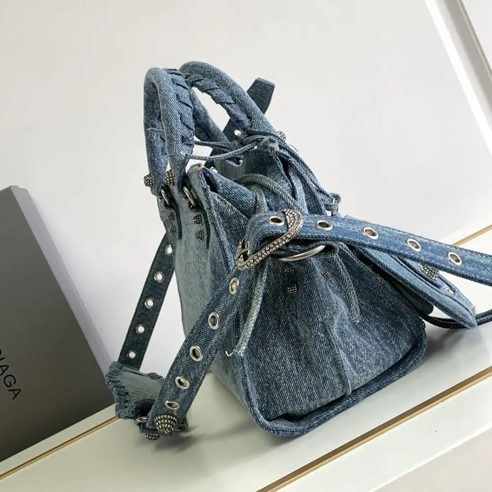 TÚI Balenciaga Women Neo Cagole City Handbag Denim with Rhinestones in Blue