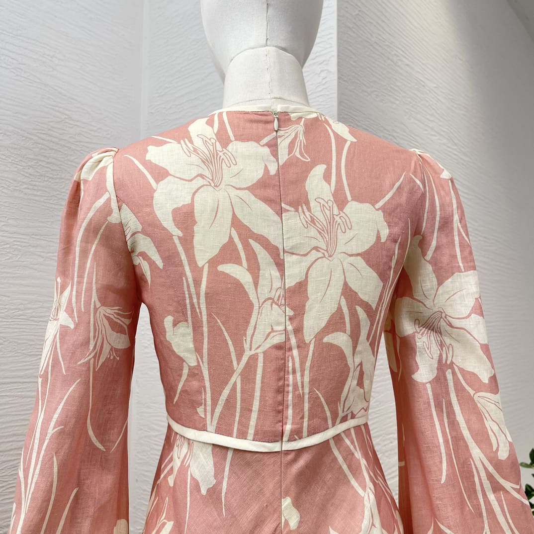 VÁY ZIMMERMANN Pink Floral Print Lantern Sleeve Vinatge Midi Dress High Classy